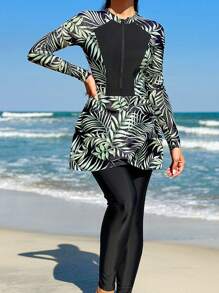 Swim Mulvari Women's Tropical Plant Printed Long Sleeve One Piece Swimsuit With Half Zipper And Matching Cover-up Skirt - Multicolor - View 1