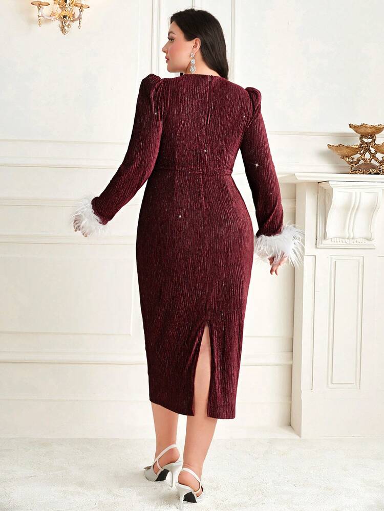 Plus Size Women'S Puff Sleeve Patchwork Furry Cuff Bodycon Dress