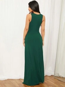 SHEIN SXY 女款純色深v領高開衩連身裙 - 墨綠色 - 查看 2