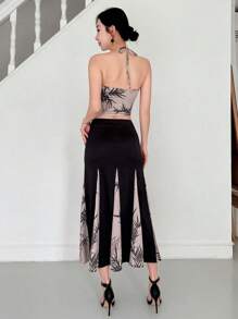 EastFlair New Chinese Style With Bamboo Print And Designed Buckle Halter Top - Apricot - View 2