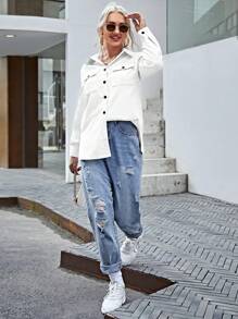 SHEIN LUNE Túi có nắp Vải to sợi Áo sơ mi - trắng - Xem 4