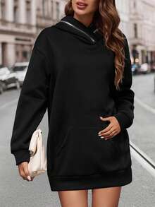 SHEIN LUNE Của phụ nữ Màu thuần Thả vai & Dây kéo Thiết kế Hoodie - màu đen - Xem 6