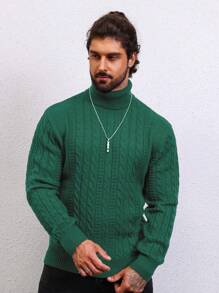 Manfinity Homme Nam Màu thuần Cổ cao Xoắn Dan Áo len - Màu xanh lá cây đậm - Xem 7
