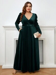 SHEIN Belle Kích thước lớn Của phụ nữ Ống tay áo Đầm Party Với Thắt Lưng ( Công nghiệp nặng Phong cách ) - Màu xanh lá cây đậm - Xem 1