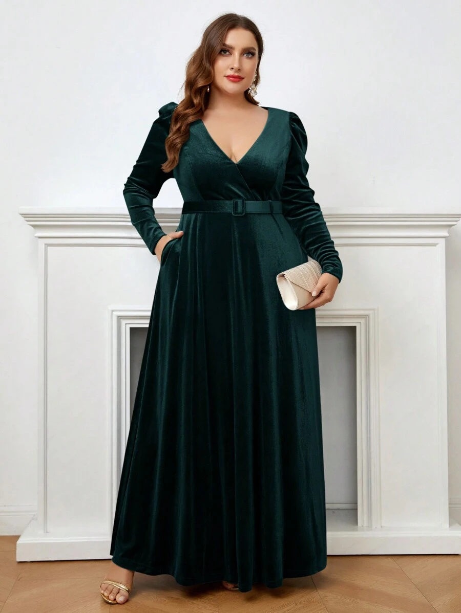 SHEIN Belle Kích thước lớn Của phụ nữ Ống tay áo Đầm Party Với Thắt Lưng ( Công nghiệp nặng Phong cách ) - Màu xanh lá cây đậm - Xem 1