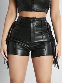 SHEIN PETITE Shorts Ajustados De Patchwork Con Flecos De Pu - Negro - Ver 4