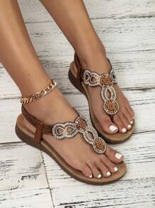 Yasirun大尺寸中空跨境扁鑽石涼鞋波西米亞風格舒適女鞋夏季 - 巧克力棕 - 查看 2
