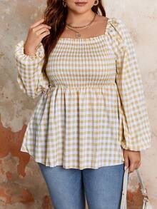 SHEIN Franclia Kích thước lớn Cổ áo vuông Tay áo lồng đèn Áo sơ mi - Màu Khaki - Xem 5