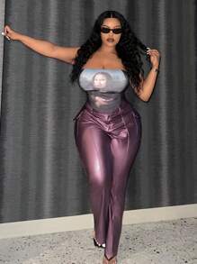 Slaydiva Pantalones PU De Color Sólido De Talla Grande