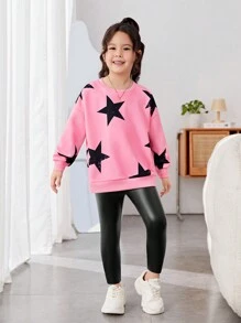 SHEIN 2pcs/Set Young Girl Sporty And Sweet Love Print Printed Knitted Round Neck Sweatshirt With Leggings, Buy 1 Get 1 Free, Great For Casual & Daily Wear & School Daily In Spring And Autumn,Valentine's Day,Mom And Daughter Matching,Sister And Me Matching