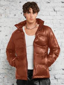 Manfinity VCAY Loose Fit Men's Casual PU Leather Warm Jacket, For Fall Winter