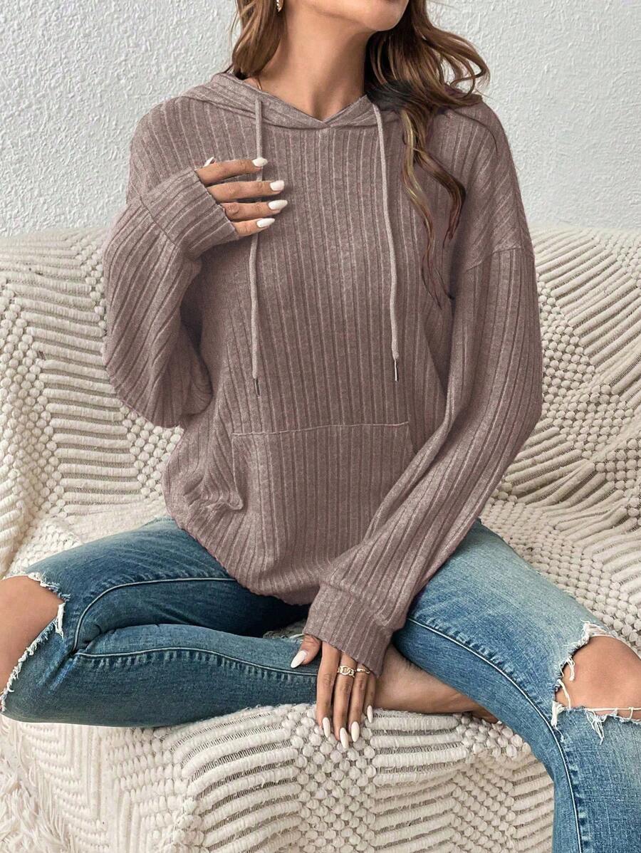 SHEIN Frenchy Túi kangaroo Thả vai Dây rút Hoodie - Màu nâu  Mocha - Xem 1