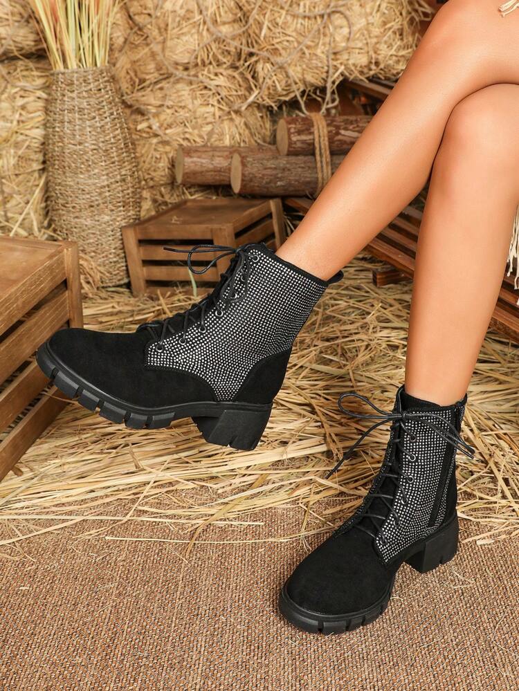 Women's Black Short Boots With Rhinestone Fashionable And Versatile Slip-on And Warm