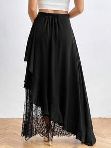 SHEIN Privé 女蕾絲側幅鬱金香下擺荷葉邊 A 字裙 - 黑色 - 查看 6