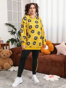 SHEIN EZwear 大尺碼女性花紋運動衫和印有字母的緊身褲套裝 - 彩色 - 查看 5