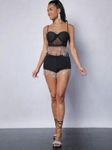 Hauture Rhinestone Fringe Glitter Crop Top - Black - View 5