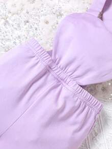 Baby Girls' Solid Color Suspender Jumpsuit With Heart Applique - Purple - View 4