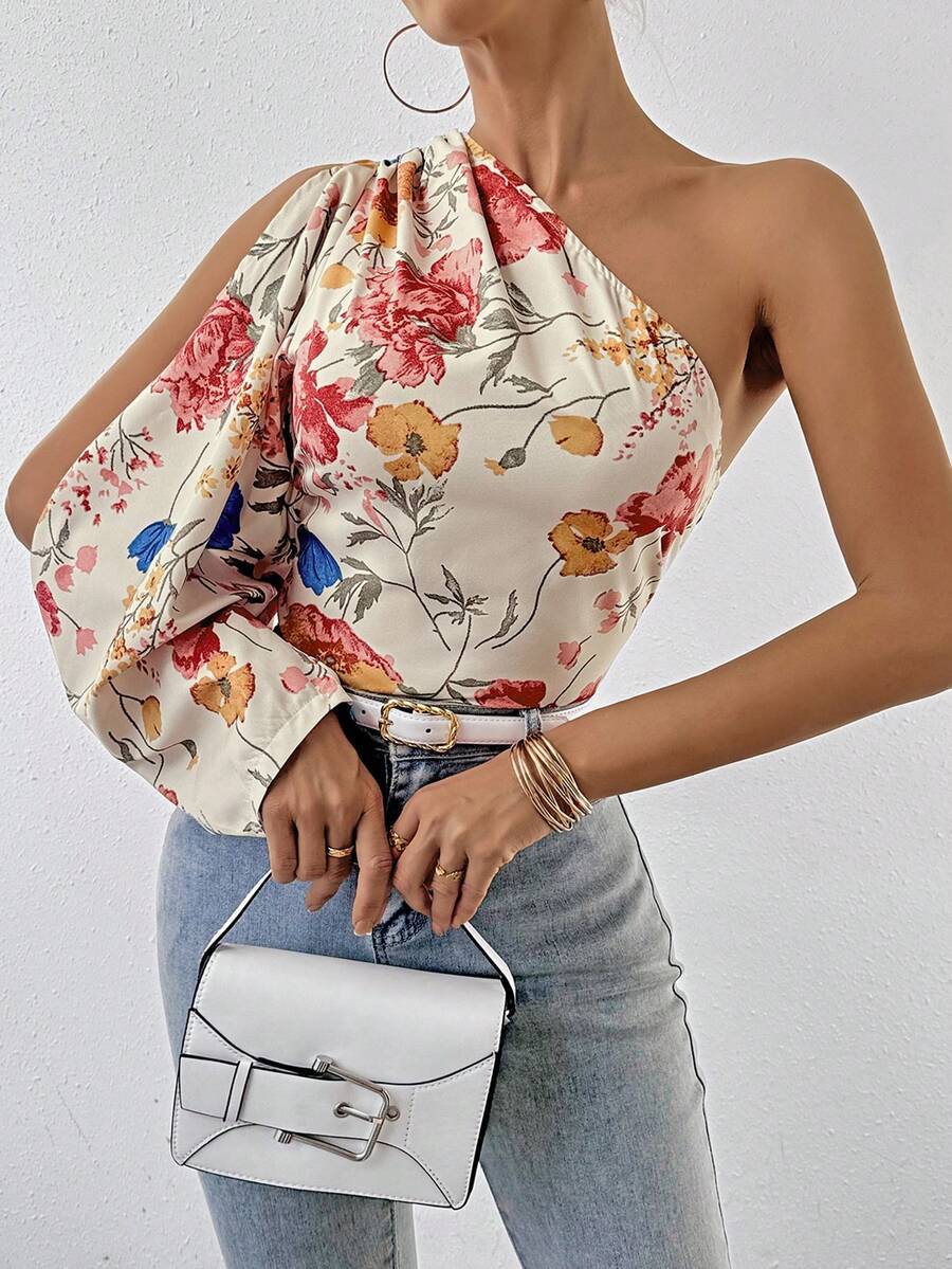 SHEIN Privé Women's Split Hem Long Sleeve Floral Printed Shirt One Shoulder Top - Apricot - View 1