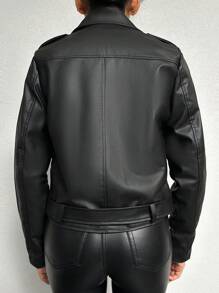 EURMUSE Zipper Design Belted Pu Biker Jacket - Black - View 2
