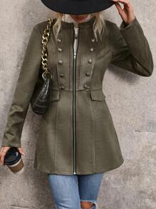 SHEIN LUNE Đôi ngực Dây kéo Trang trí Áo khoác - xanh quân đội - Xem 1