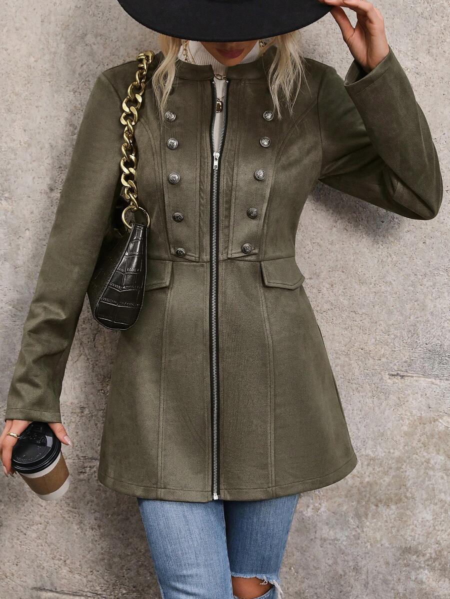 SHEIN LUNE Đôi ngực Dây kéo Trang trí Áo khoác - xanh quân đội - Xem 1