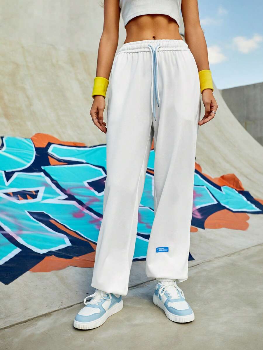Streetz SHEIN Sport Của phụ nữ Eo dây rút Lỏng lẻo phù hợp Quần thể thao Với Đàn hồi - trắng - Xem 1