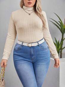 SHEIN Essnce Women's Plus Size Solid Color High Neck Slim Fit T-shirt With Ruched Detail - Beige - View 4