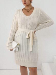 SHEIN Unity Plus Size Women's Pearl Decorated Sweater Dress - Apricot - View 5