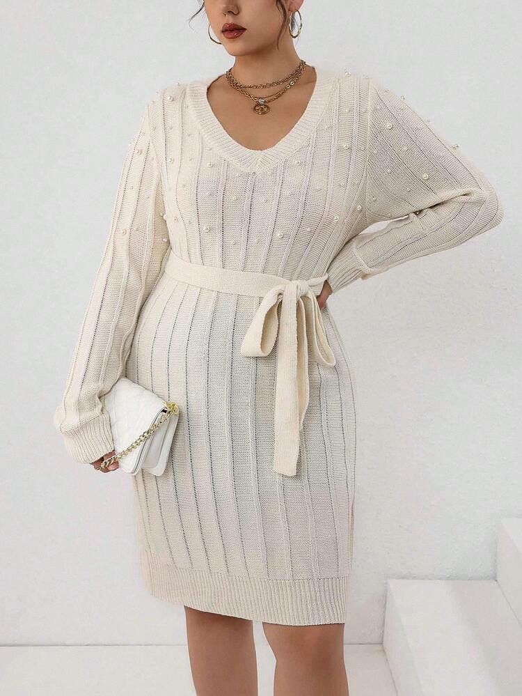 Plus Size Women's Pearl Decorated Sweater Dress