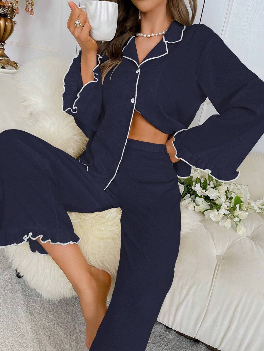 Ladies' Contrast Lettuce Trim Bell Sleeve Pajama Set, Fall Winter Clothes Cozy And Elegant Details - Navy Blue - View 1