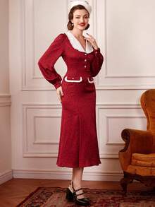 SHEIN DECDS Vintage & Elegant Women'S Bodycon Dress With Large Collar And Mermaid Hem For Autumn/Winter - Red - View 6