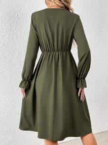 SHEIN Frenchy Solid Color Ruffle Sleeve Dress - Army Green - View 2