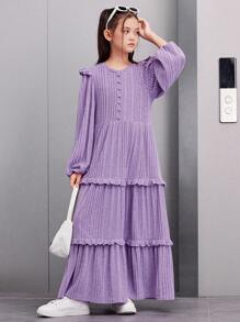 SHEIN Tween Girl's Loose Retro Maxi Ruffle Dress - Purple - View 6