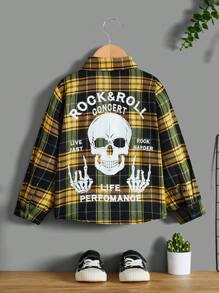 SHEIN 年輕男孩休閒鬆身,頭骨圖案格紋長袖襯衫,背面設計 - 彩色 - 查看 1