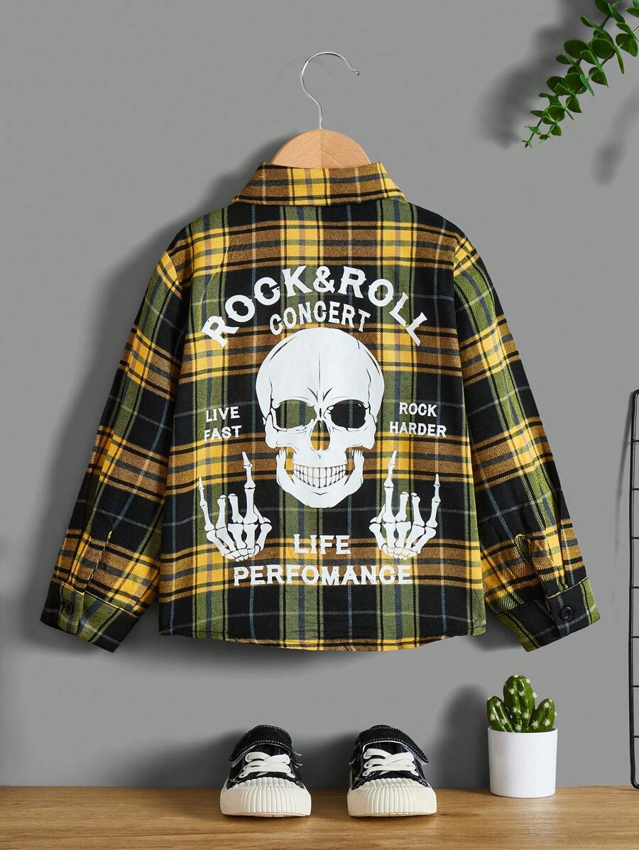 SHEIN 年輕男孩休閒鬆身,頭骨圖案格紋長袖襯衫,背面設計 - 彩色 - 查看 1