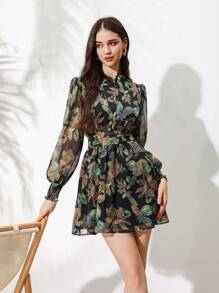 Aveloria Rosie Vestido de manga farol con estampado completo, outfit de vacaciones para mujer