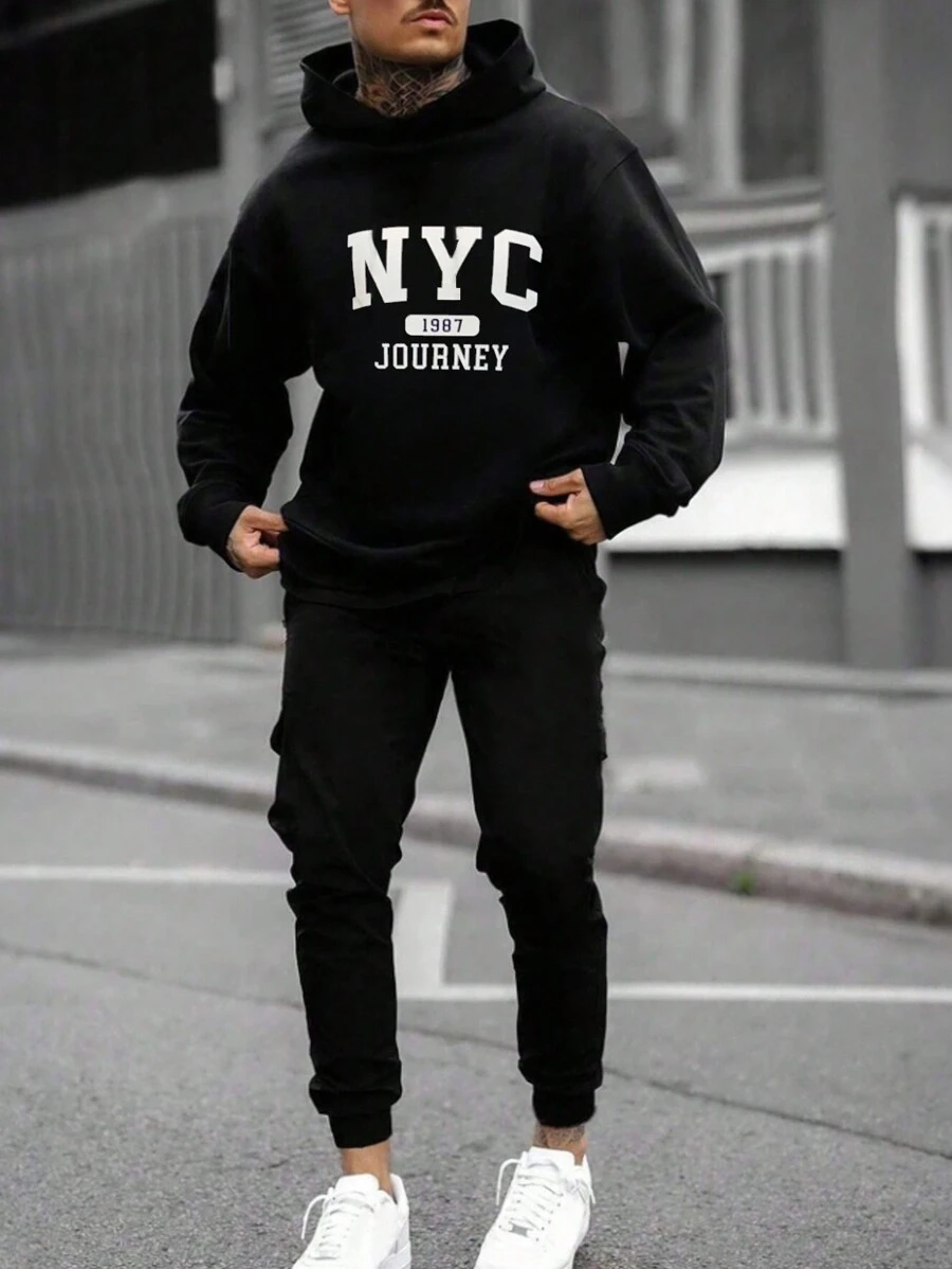 RueChic Men Letter Graphic Drawstring Hoodie & Sweatpants