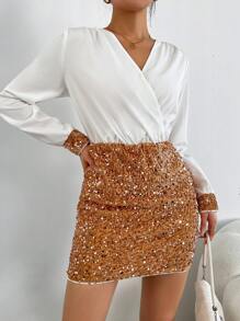 SHEIN PETITE Patchwork Sparkly V-Neck Long Sleeve Dress For Holiday Party Clothes Sequin Women Outfit
