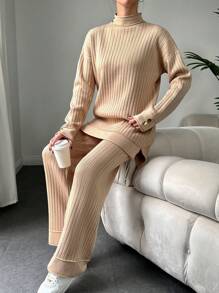 EURMUSE 女款羅紋針織毛衣針織長褲套裝 - 卡其色 - 查看 5