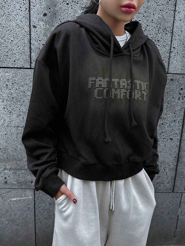 Loose Fit Hoodie With Text Graphic And Drawstring,Fall Clothes Sweatshirt