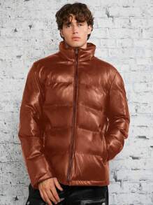 Manfinity VCAY Loose Fit Men's Casual PU Leather Warm Jacket, For Fall Winter