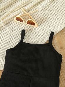 SHEIN 小女孩羊毛格紋襯裡和純色連身褲,時尚休閒2入組 - 紅色 - 查看 3