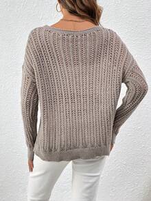 SHEIN LUNE 女士空心針織下垂肩毛衣 - 卡其色 - 查看 2