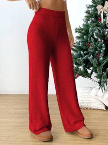SHEIN EZwear 高腰直筒針織褲 - 紅色 - 查看 4