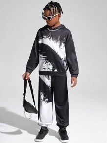 两件套男童休闲羽毛印花连帽卫衣和长裤针织加厚抓绒套装