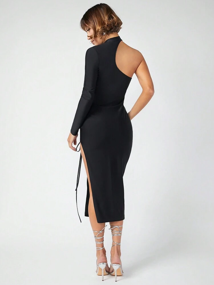 One Shoulder Lace Up Cut Out Split Thigh Sexy Dress