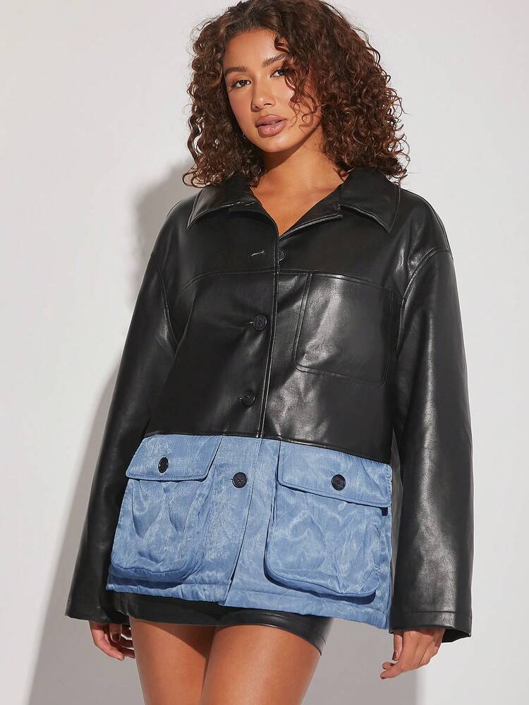Colorblock PU Leather Quilted Jacket