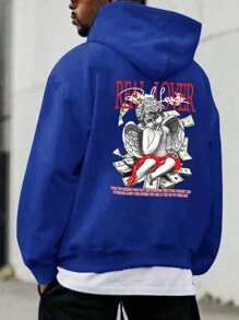 Manfinity EMRG Nam Lỏng lẻo phù hợp Hoodie Với Thiên sứ Và In Khẩu hiệu - Màu xanh lam - Xem 3