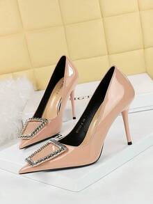 European And American Style Patent Leather High Heels For Women, Pointed Toe With Metal Decor & Large Rhinestone Buckle For Banquet - Apricot - View 5