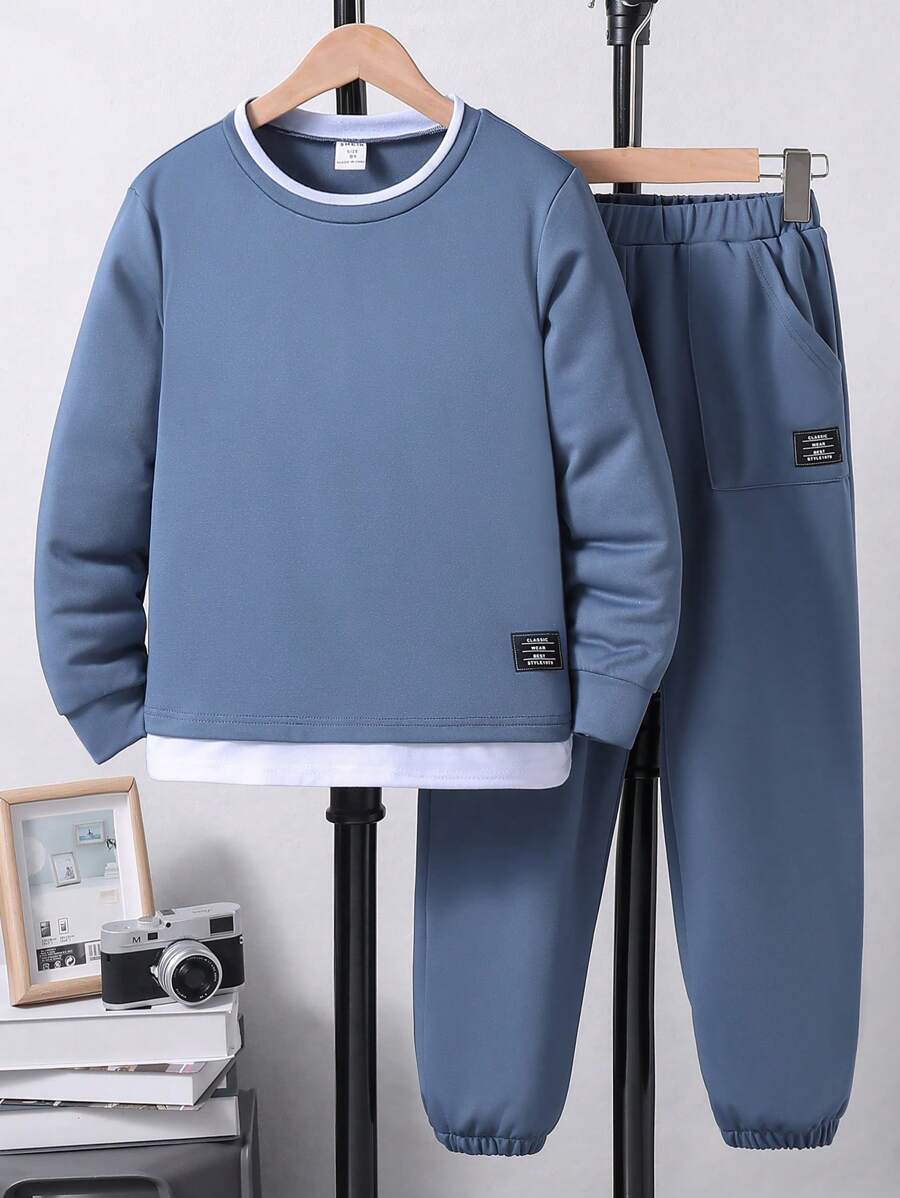 SHEIN Tween 男孩 2 合 1 圓領長袖運動衫和運動褲藍色休閒兩件套 - 藍色 - 查看 1